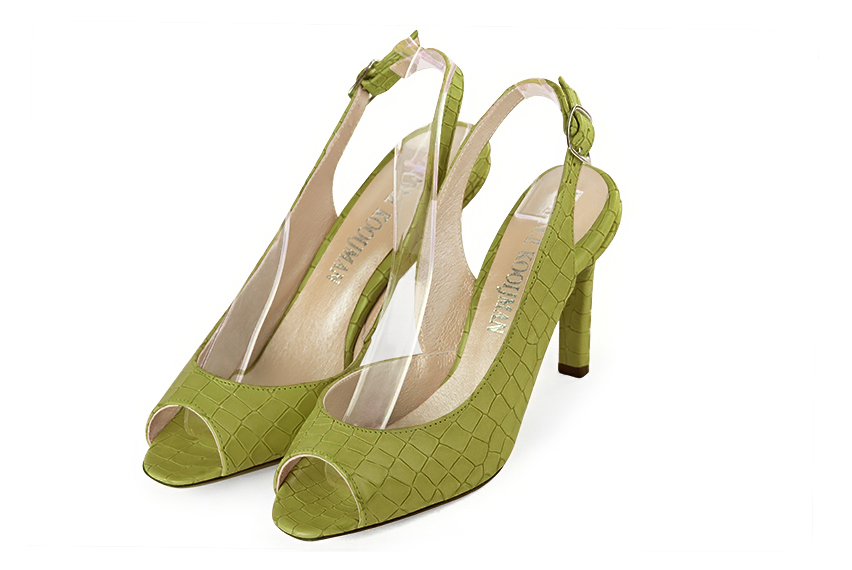 Women's pistachio green open-toe dress pumps with back strap. Round toe. High slim heel - Front view